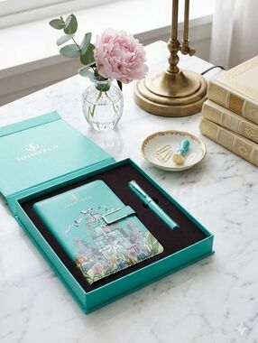 Beautiful Tiffany Style Blue Notebook and Pen Set With Box And Bag